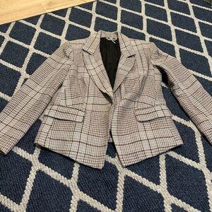 Free People Checkered Blazer in Brown and Black with Light Blue